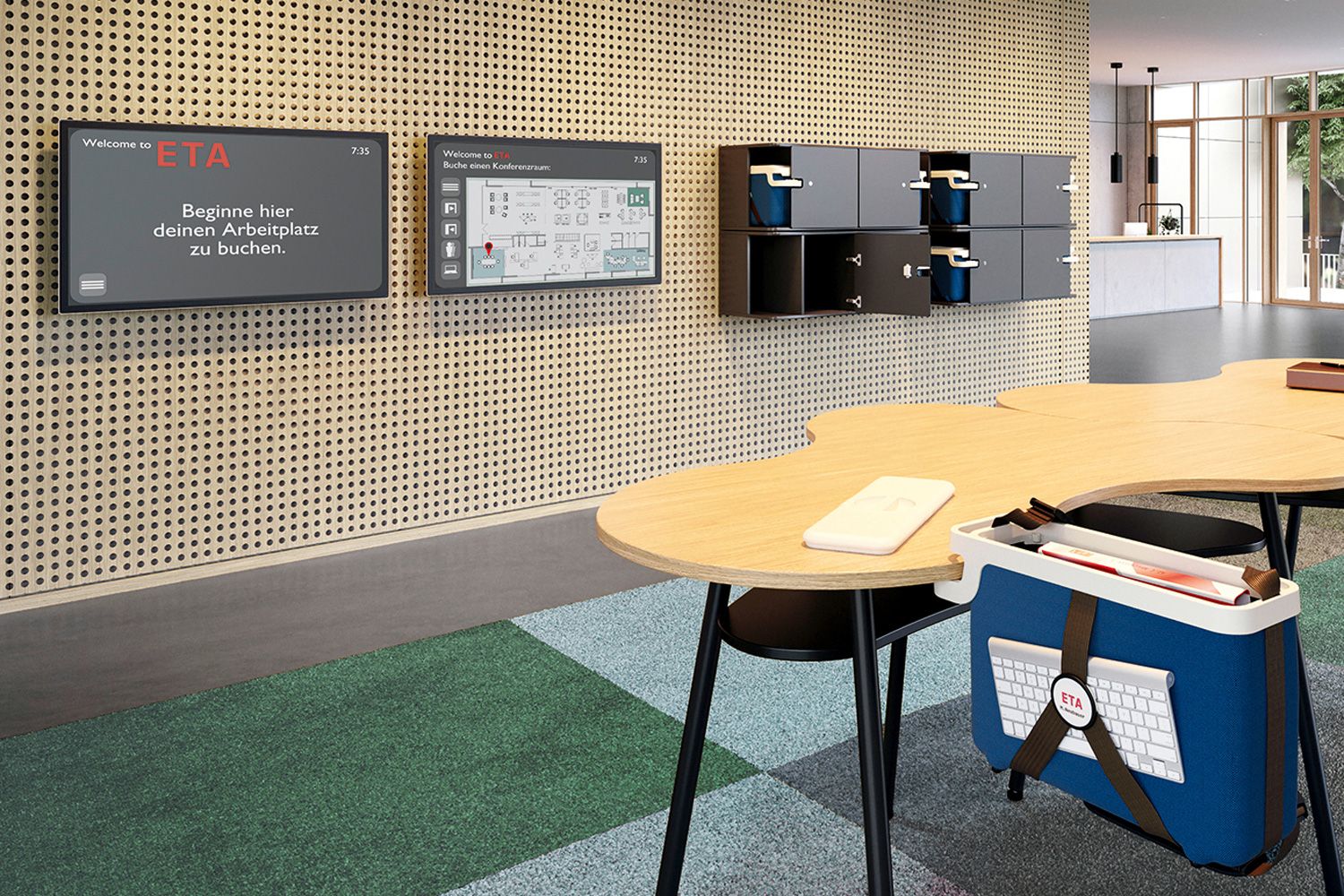 SmartOffice-Eingangsbereich mit Schließfächern eddy-Lockin und Raumbuchung an interaktiven Displays von VS
